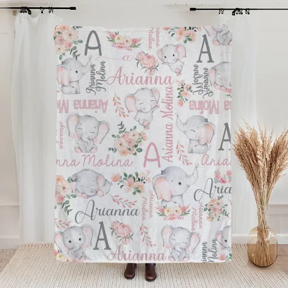 Personalised Floral Cute Elephant Girl Blanket with Name Christmas Birthday Baby Shower Gift for Baby Kid Family